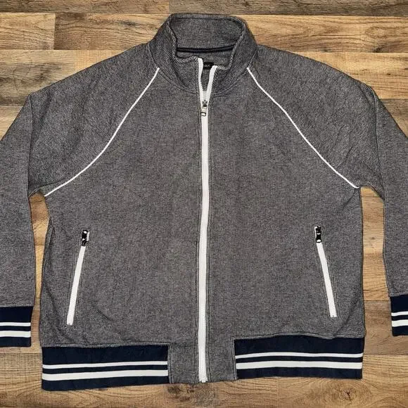 Banana Republic Jacket Mens XL Grey Navy Cotton Knit Full Zip Ribbed‎ Hem Cuffs