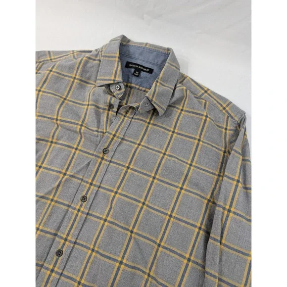 Banana Republic Shirt Mens Medium Gold Blue Gray Plaid Cotton Long Sleeve