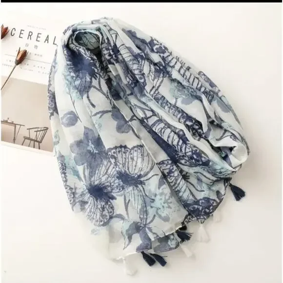 NEW Boho Butterfly Design Tasseled Rectangle Soft Chic Scarf Large Blue White