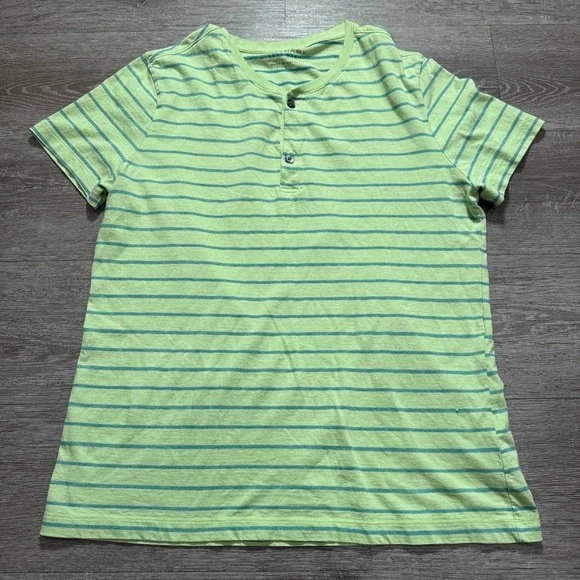 Banana Republic Shirt Mens Large Green Blue Henley Stripe Soft Wash Casual Adult