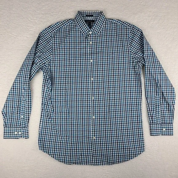 Banana Republic Shirt Mens XL Blue Teal Check‎ Grant Fit Supima Cotton Button Up