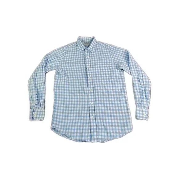 Banana Republic Shirt Mens Size S Blue White 100% Linen Check Plaid Button Down