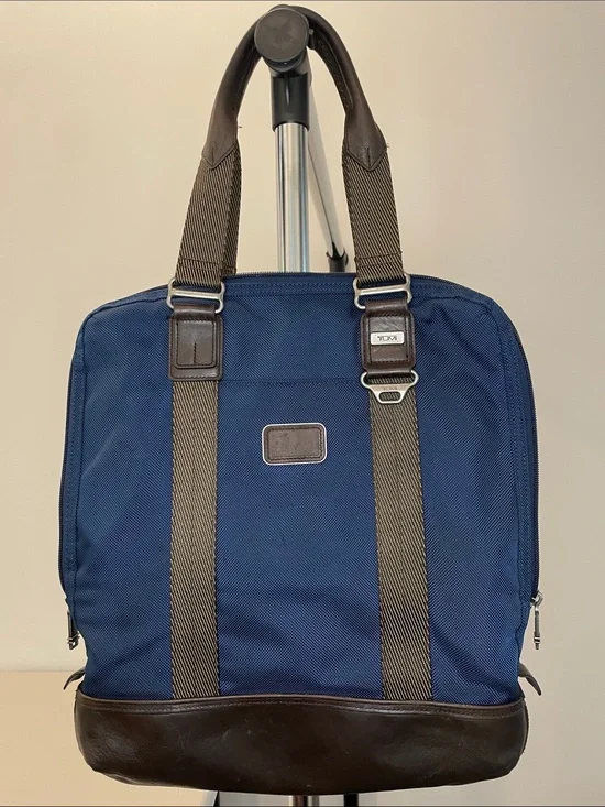 TUMI Alpha Bravo Beaufort Tote Navy Blue Canvas Leather Trim Travel Work Bag