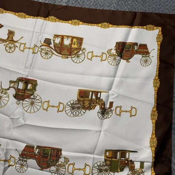VTG Italian Carriage Print Silk-Style Scarf‎ Stage Coach Brown Gold Equestrian