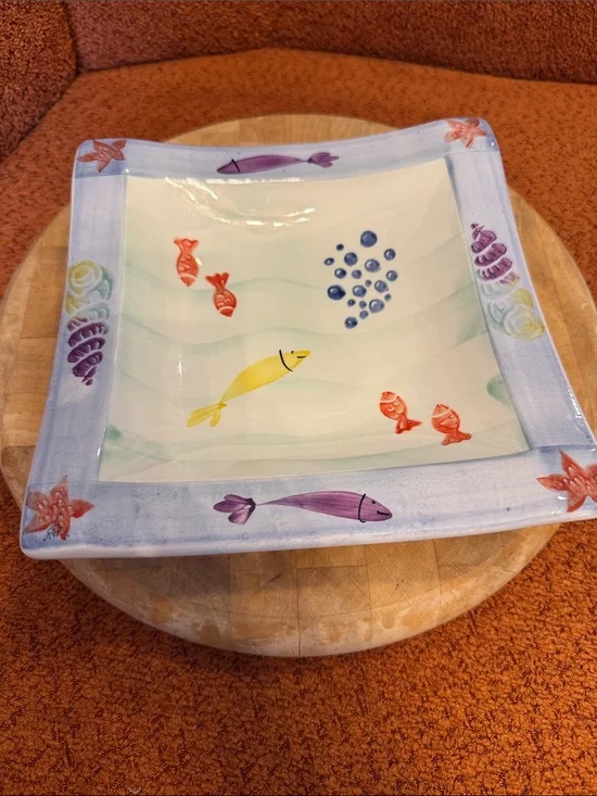 Italian Hand-Painted Ceramic Fish Serving Bowl - Blue, Yellow & Red