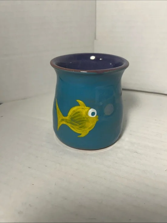 Hand-Painted Blue Ceramic Fish Cup - Yellow Fish Design 3 1/2 inch tall Signed