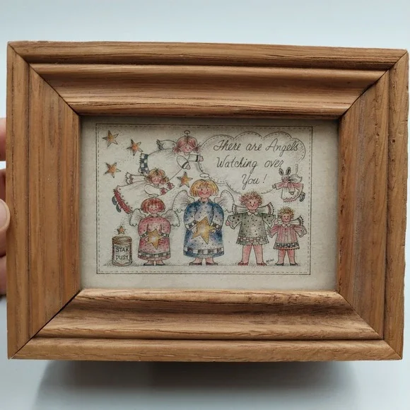 Vintage Oak Wood Angel Trinket Box Mimi Watching Over You Framed Lid Memory Gift