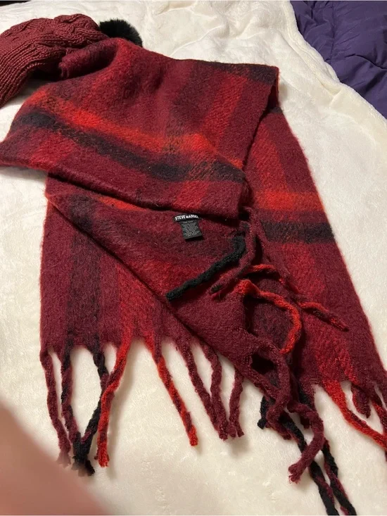 Steve Madden Burgundy and Black Plaid Fringe Scarf