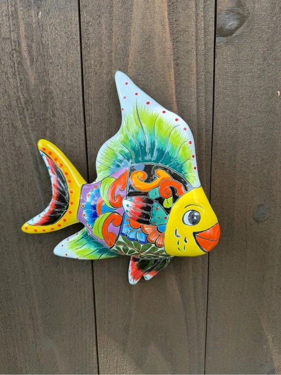 Hand-Painted Colorful Talavera Fish Wall Decor - Yellow Accent