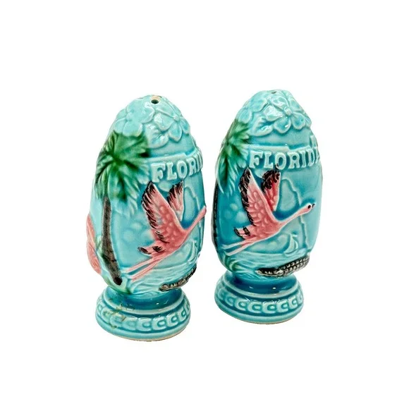 Vintage Florida Ceramic Salt Pepper Shakers Souvenir Set Teal Flamingo Dolphin