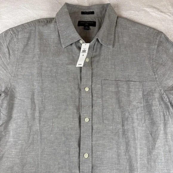 NWT! Banana Republic Shirt Mens XL Linen Slim Fit Gray Button Front Short Sleeve