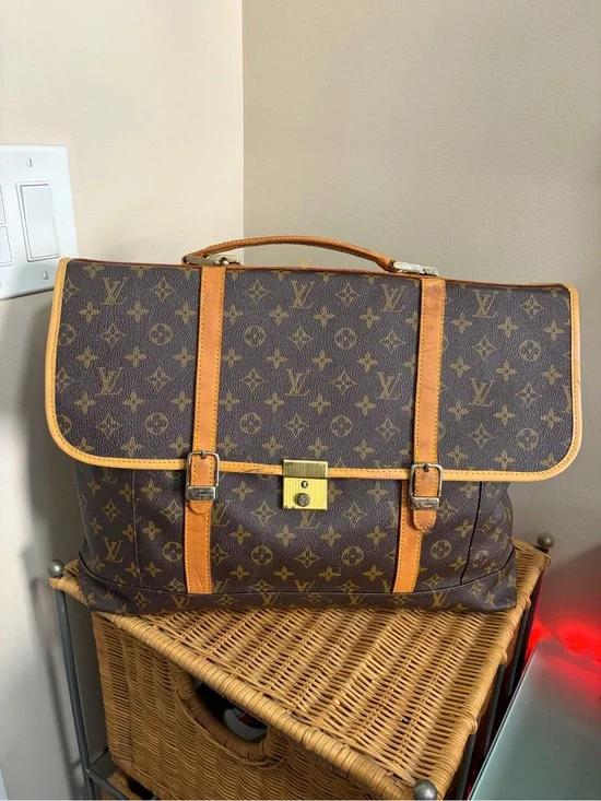 Louis Vuitton Brown Monogram Canvas Briefcase with Tan Leather Trim