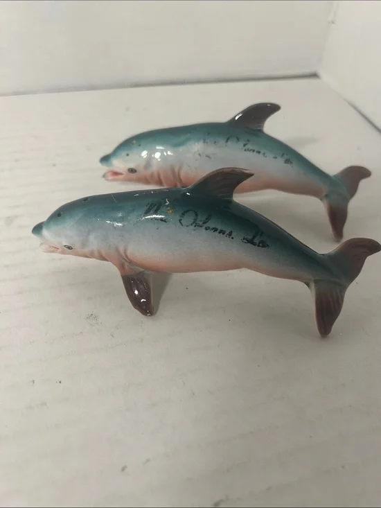 Ceramic Dolphin Figurine - Teal and Peach Decorative Fish Salt and pepper