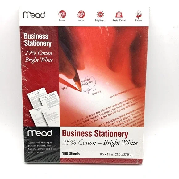 Mead Business Stationery Paper 25 Percent Cotton Bright White 100 Sheets 8.5x11
