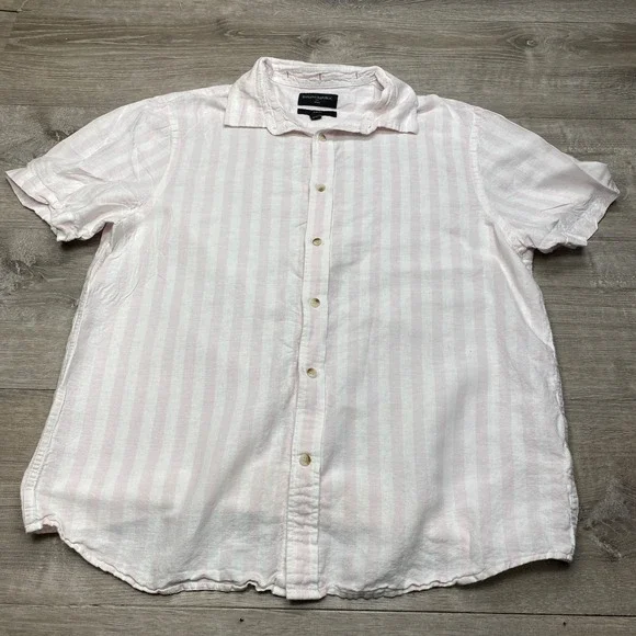 Banana Republic Linen Cotton Shirt Mens Large Slim Fit Pink Stripe Short Sleeve