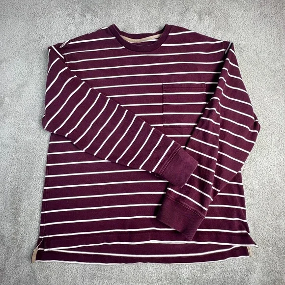 Banana Republic Mens Large Burgundy White Striped Long Sleeve Pocket T-Shirt‎