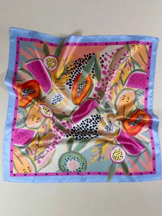 New Tropical Fruits Print Satin Scarf Colorful Pink Blue Green Summer Festival