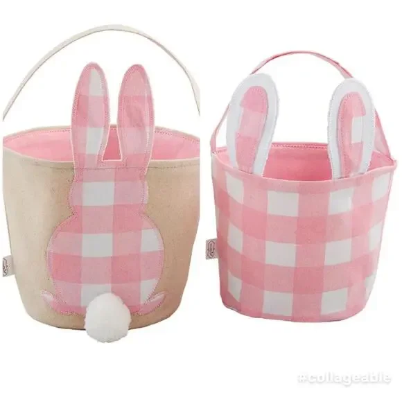 2 pc Mud Pie Pink Check Bunny Baskets Bunny Tail Canvas and Bunny Ears Pink Che