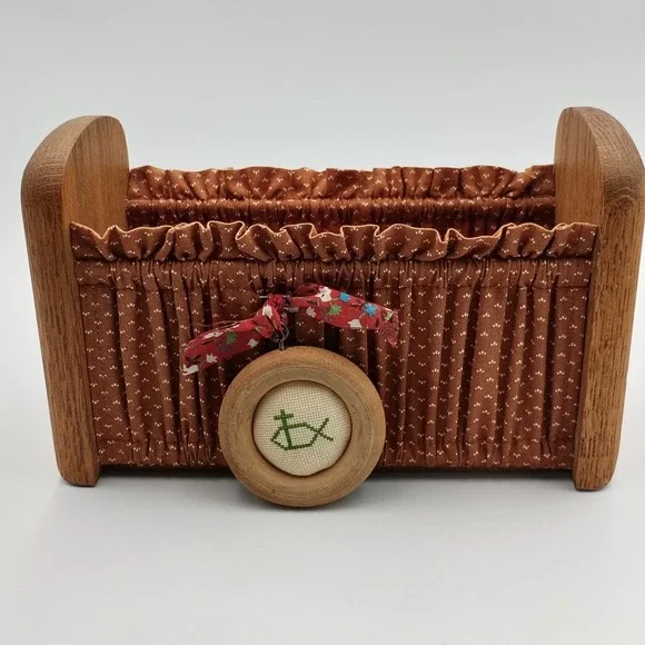 Vintage Wooden Cradle Napkin Holder Letter Sorter Gathered Fabric Cross Stitch‎