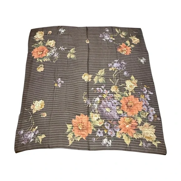 Echo Silk Scarf Vintage Brown Floral Striped Square 34 x 35