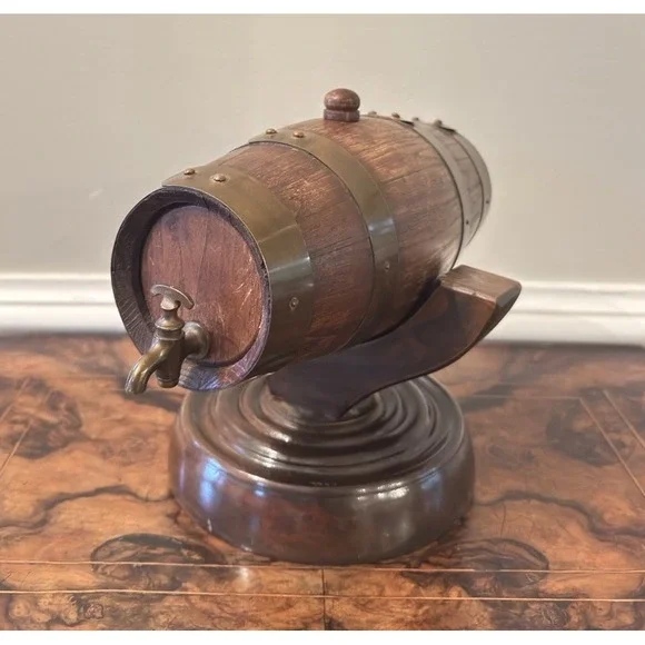 Handmade‎ Spain Wood Barrel Cask w/ Brass Bands & Spigot on Stand Vintage