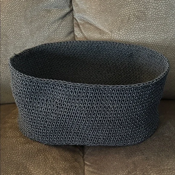 NWT Handmade Black Crocheted Basket with tan wooden bottom