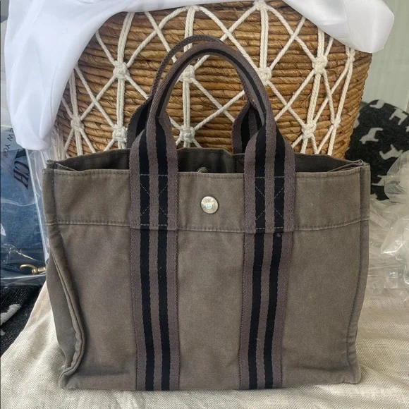 Hermes Gray Fouree Tout Canvas with grey black Stripe