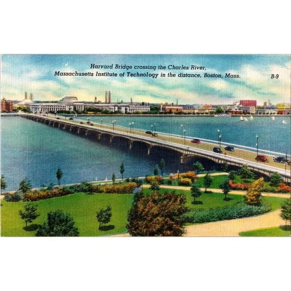 Vintage Harvard Bridge & MIT Boston Linen‎ Postcard B-9 Souvenir Corp