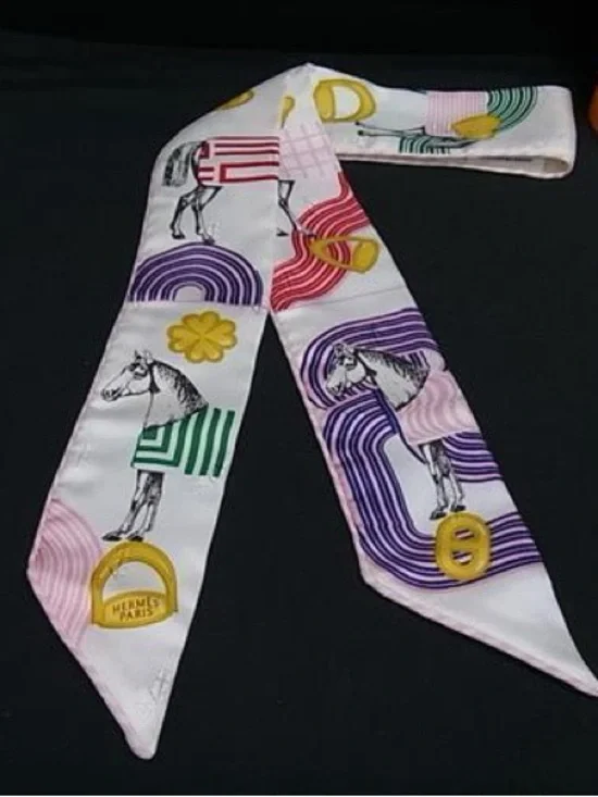HERMES Garde Robe Pop Twilly 100% Silk Ribbon Scart White x Multicolor