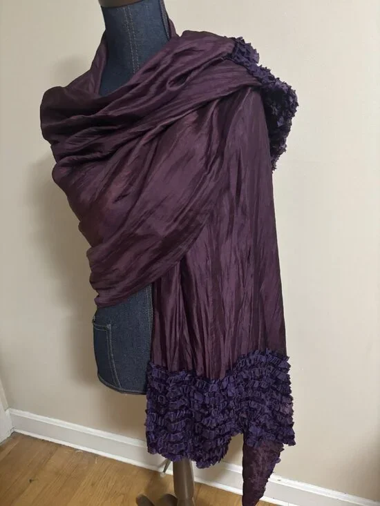 Vintage Silk Scarf Extra Long Shawl Wrap Elegant Wedding Purple Ruffle READ