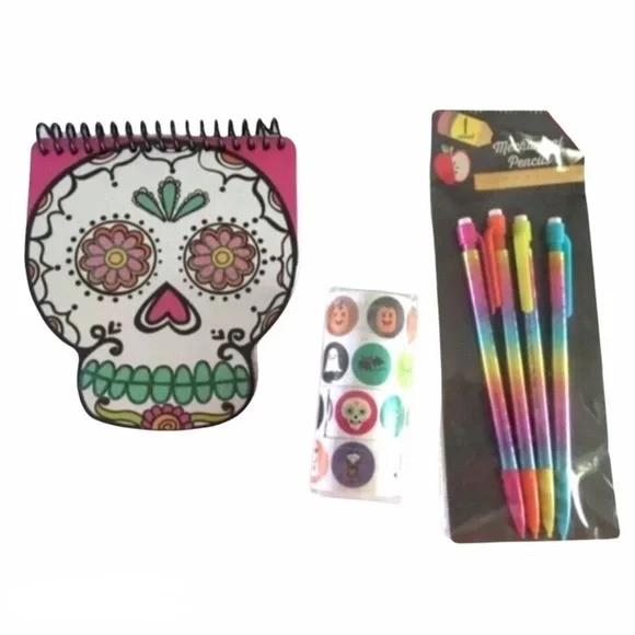 Halloween Skull Stationery Set Spiral Notepad Stickers Pencils Rainbow Glitter