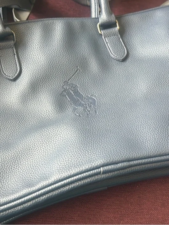 Ralph Lauren Navy Blue Pebbled Leather Tote with Embossed Polo Logo