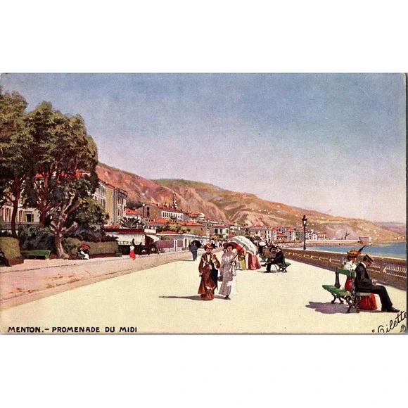 Vintage Menton Promenade du‎ Midi Tuck Linen Postcard, France Scenic