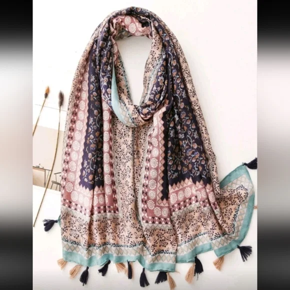 Boho Floral Geometric Patterned Spring Summer Lightweight Scarf Cotton Blend