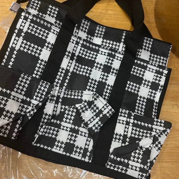 Thirty-One Zip-Top Organizing Utility Tote Houndstooth Plaid Black White 51AL660