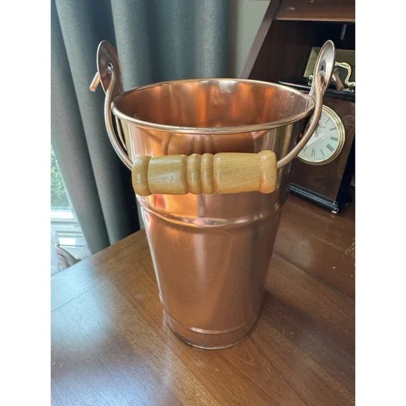 Vintage Copper Style Decorative Bucket Wood Handle Farmhouse Planter 10
