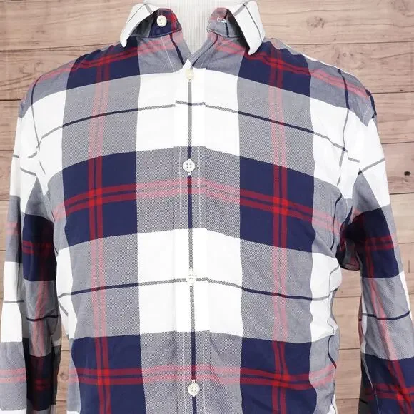 Banana Republic Shirt Mens XL Blue Gray Red Plaid Non-Iron‎ Tailored Slim Fit