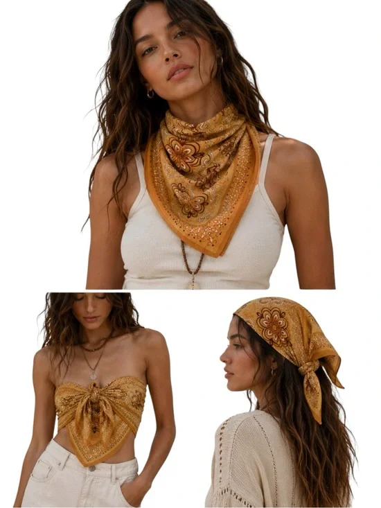 Free People Mod Mosaic Print Bandana Scarf Yellow Orange Boho 28x28 NWOT