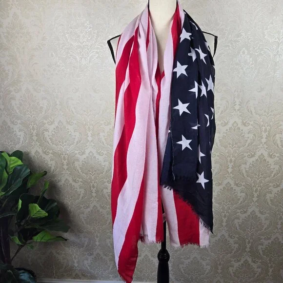 Old Navy American Flag Large Oblong Scarf Small Fringed Ends 46