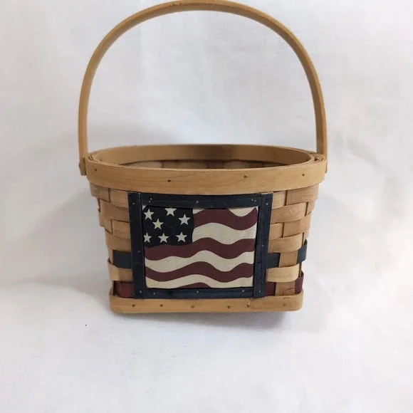 Vintage Americana Woven Wood Basket w/ Plush‎ American Flag Fabric Patriotic 4oJ