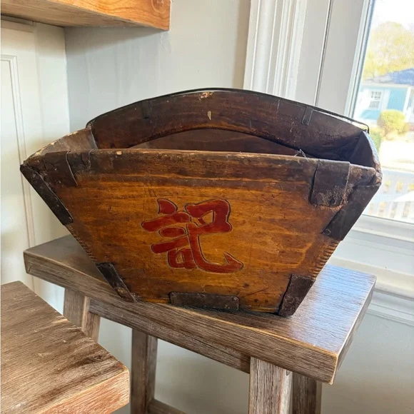 Antique LARGE Chinese Wooden IRON Rice gathering Grain Bucket