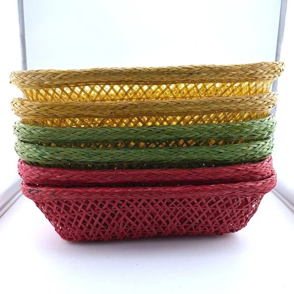 Vintage Style Woven Bamboo Baskets Set of 6 Red Green Yellow Rectangular Trays