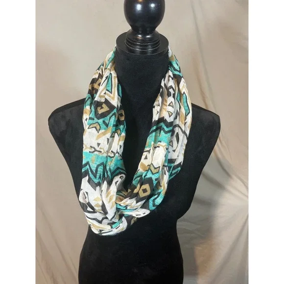 Womens Geometric‎ Tribal Print Infinity Scarf Teal Gold Black White Lightweight