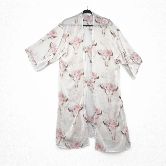 Pink Owl Kimono Duster Cardigan Floral Bull Skull‎ Bohemian Festival Cover Up