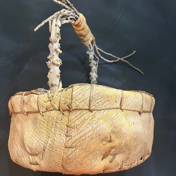 Handmade Natural Leaf Fiber Basket Twig Handle Rustic Primitive Woven Decor