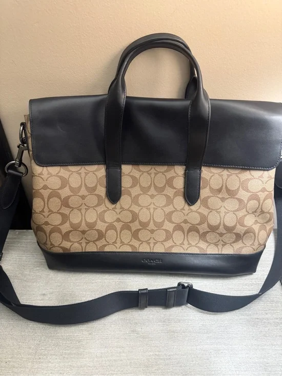 Coach Brown Signature Canvas Messenger with Black Leather Trim