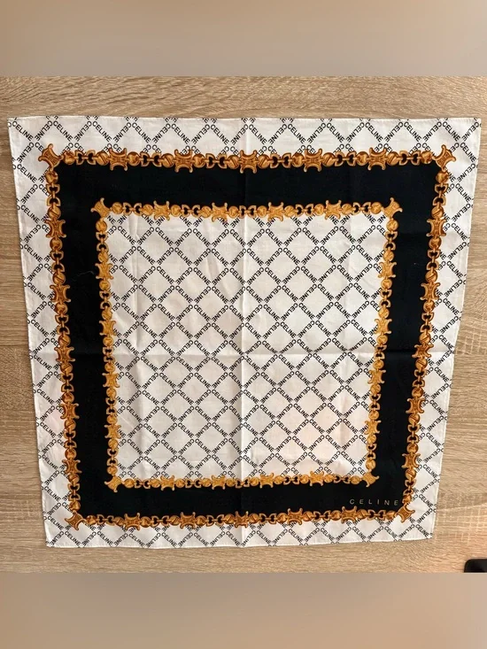 Celine Black, White & Gold Chain Motif Scarf- 19”x19”