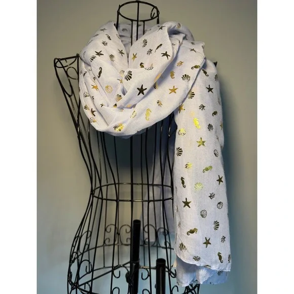 Avenue 9 Light Blue Scarf Gold Foil Nautical Seashell Seahorse Starfish 71x27