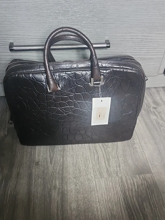 Croc-Embossed Leather Briefcase - Chocolate Brown