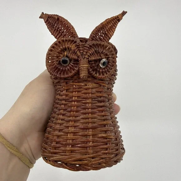 Vtg Mid Century Modern Great Horned Owl Rattan‎ Raffia Boho Basket 6